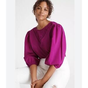 FARM Rio Anthropologie Kelsie Magenta Puff-Sleeve Lace-Trim Blouse